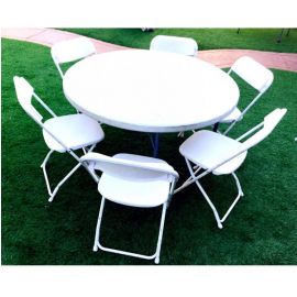 White Round Party Table with 6 Chairs Package at San Diego